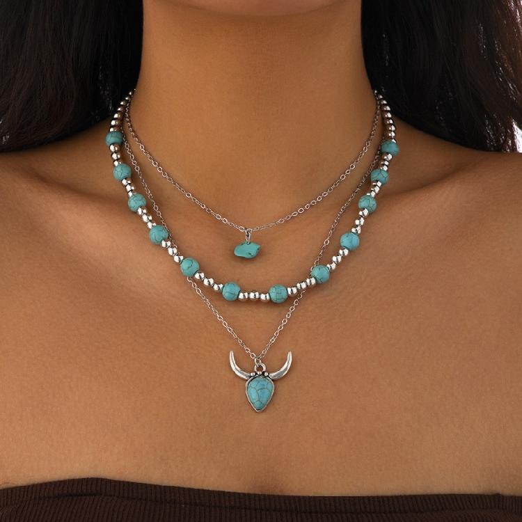 Adjustable Geometric Turquoise Beaded Necklace Multi Layered Clavicle Chain Neck Jewelry for Stylish Outfits