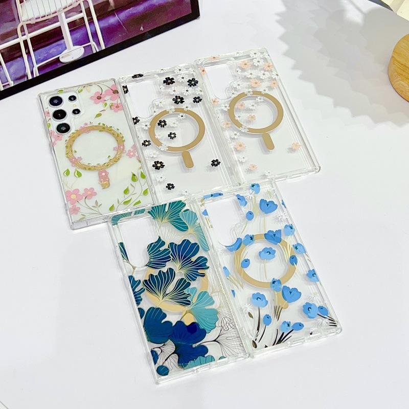 Magsafe Magnetic Shell Spring Flowers Suitable for Samsung S25 Ultra Mobile Phone Case S24plus Electroplated Transparent 23