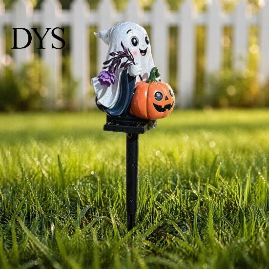 Creative Seasonal Lawn Ornaments Solar Ghost Pumpkin Stake Light, LED Auto Light Sensor Outdoor Garden Lamp, Waterproof Resin Landscape Lamp