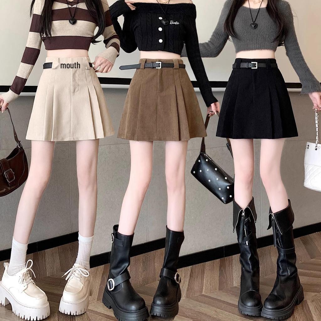 Women's Khaki Corduroy Pleated Midi Skirt: High Waist Petite A-Line, Autumn Winter 2025 Collection