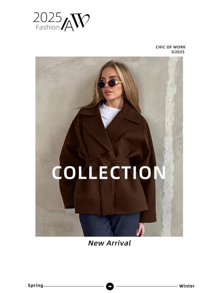 High-end Women's Autumn/Winter Woolen Coat with Versatile Waist Tie and Suit Collar