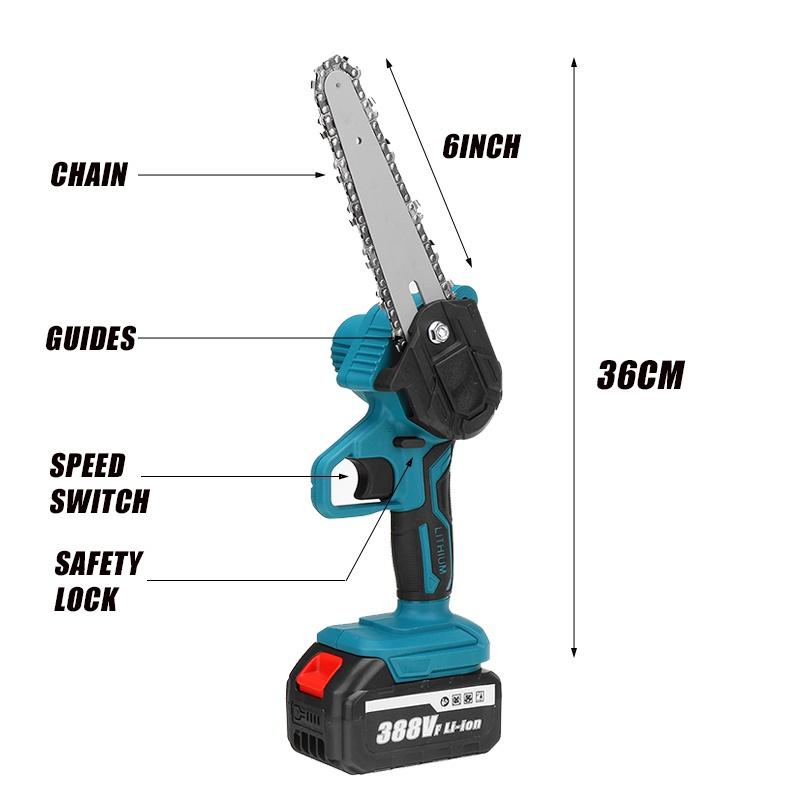 388V 3000W 6 Inch Mini Electric Chain Saw With 2Pcs Battery Woodworking Pruning Chainsaw One-handed Garden Logging Power