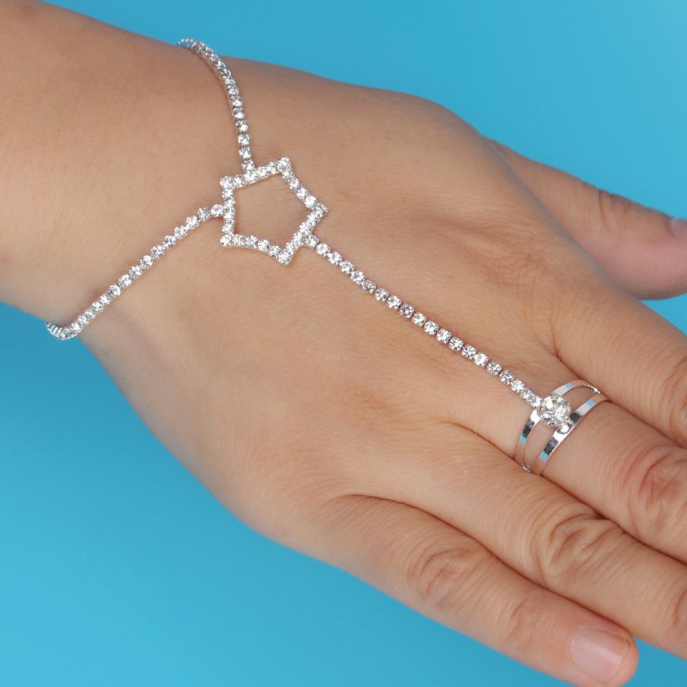 Elegant Women's Rhinestone Chain Bracelet with Connected Ring Design