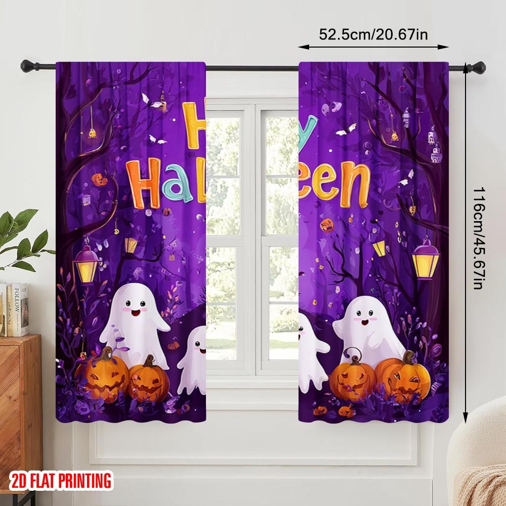 2pcs,2D Plane Printing Curtains&Window Treatment Ghosts_ Pumpkins_ and Bats Versatile 100% Polyester (without Rod) Room Decor
