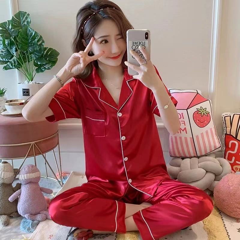 Solid color ice silk pajamas women's long-sleeved cardigan simulation silk spring summer loungewear women's autumn suit breathable