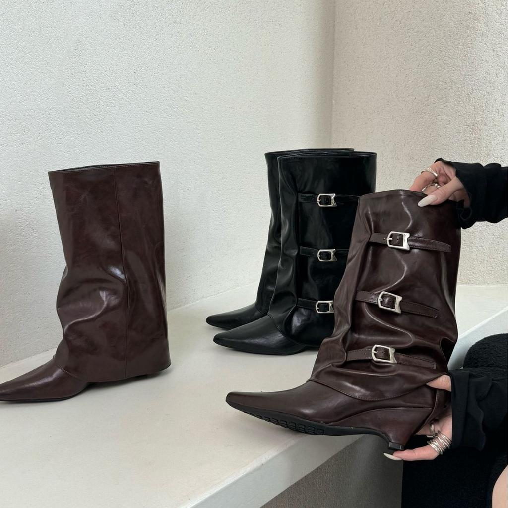 European and American Slope Heel High Heel High Boots Women's 2025 New Spring and Autumn Pointed Pile Solid Color Long Trousers Knight Boots