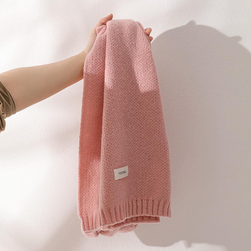 Girl's Whitening Neck Wrap Korean Style Versatile Solid Color Knitted Wool Scarf Labeled Warm Thick