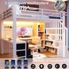 Loft bed, 140 x 200 cm, iron frame, storage compartment, 4 drawers, hanging grid, LED light strip, desk, storage staircase, without mattress, white