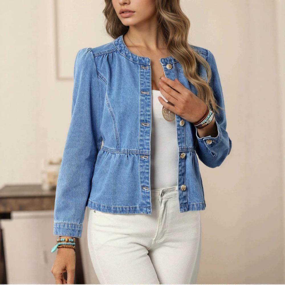 Women's Round Neck Long Puff Sleeve Denim Jacket Regular Fit Sweet Solid Color Cropped Blazer For Spring Daily Casual Outfit