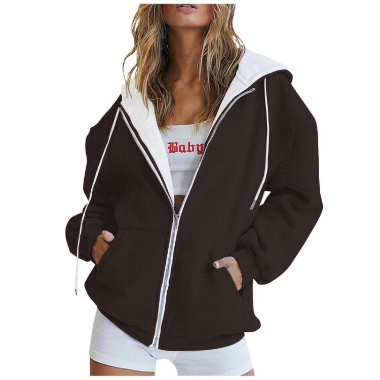 Fashion Hoodie Women Long Sleeve Zipper Hooded Pullover Casual Sweatshirt Solid Color Tops With Pockets