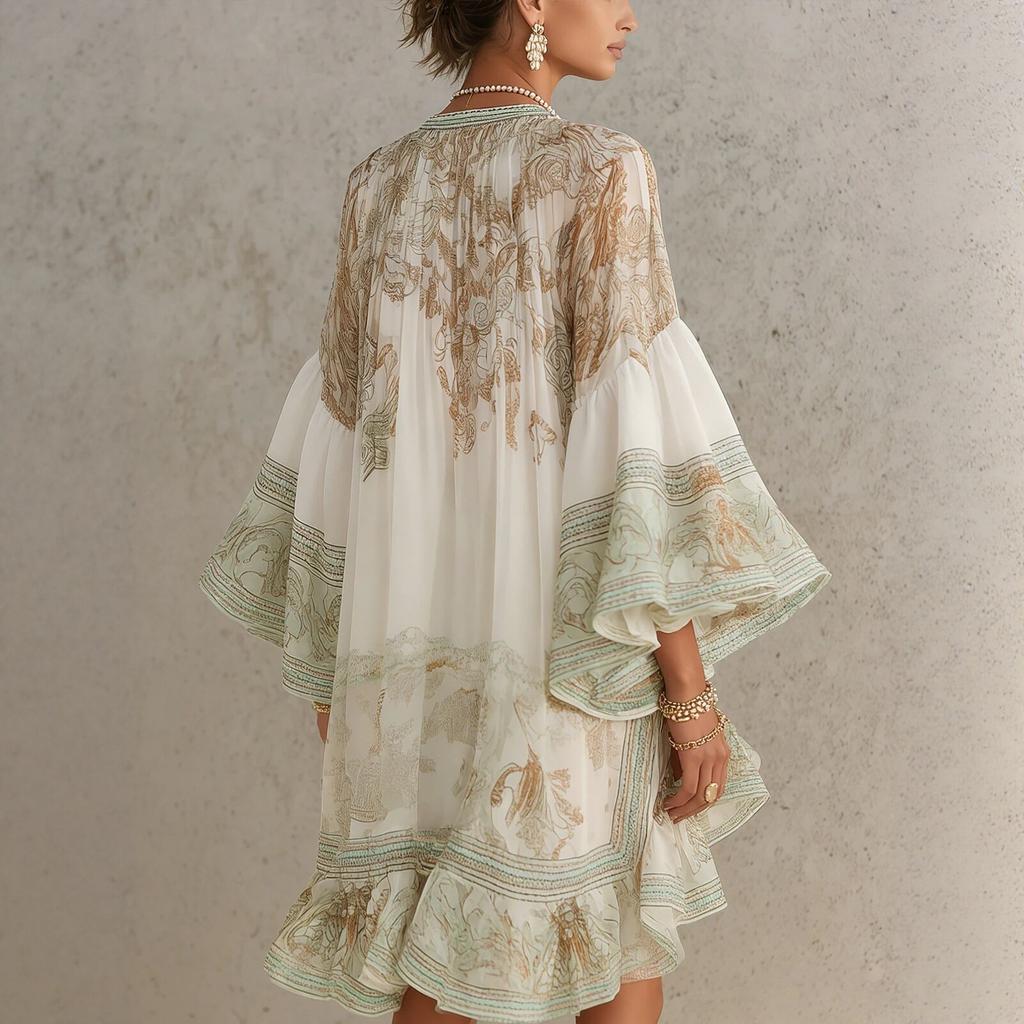 Women's Round Neck Long Bell Sleeve Loose Fit Asymmetrical Hem Printed Mini Dress Bohemian Casual Dress