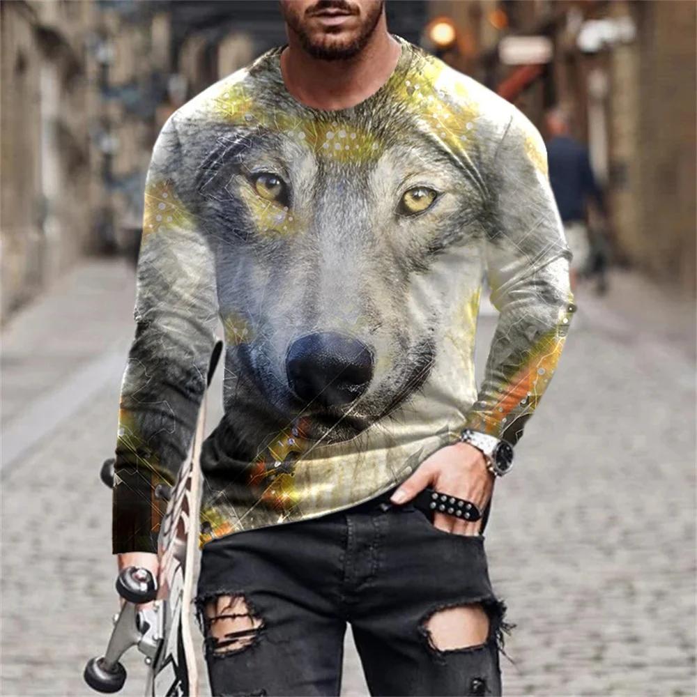 Fashionable New Animal Lion Print Men's O-neck Long Sleeved T-shirt Casual Oversized Pullover Round Neck Comfortable Top