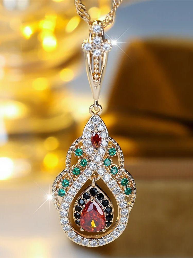 Female Crystal Rainbow Zircon Stone Water Drop Pendant Necklace Vintage Gold Color Wedding  For Women