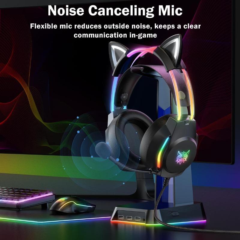 Gaming Headset with Microphone, Cat Ear Headphones for PC Laptop PS4 PS5 Xbox Switch, Rainbow RGB Lighting & Virtual Surround Sound