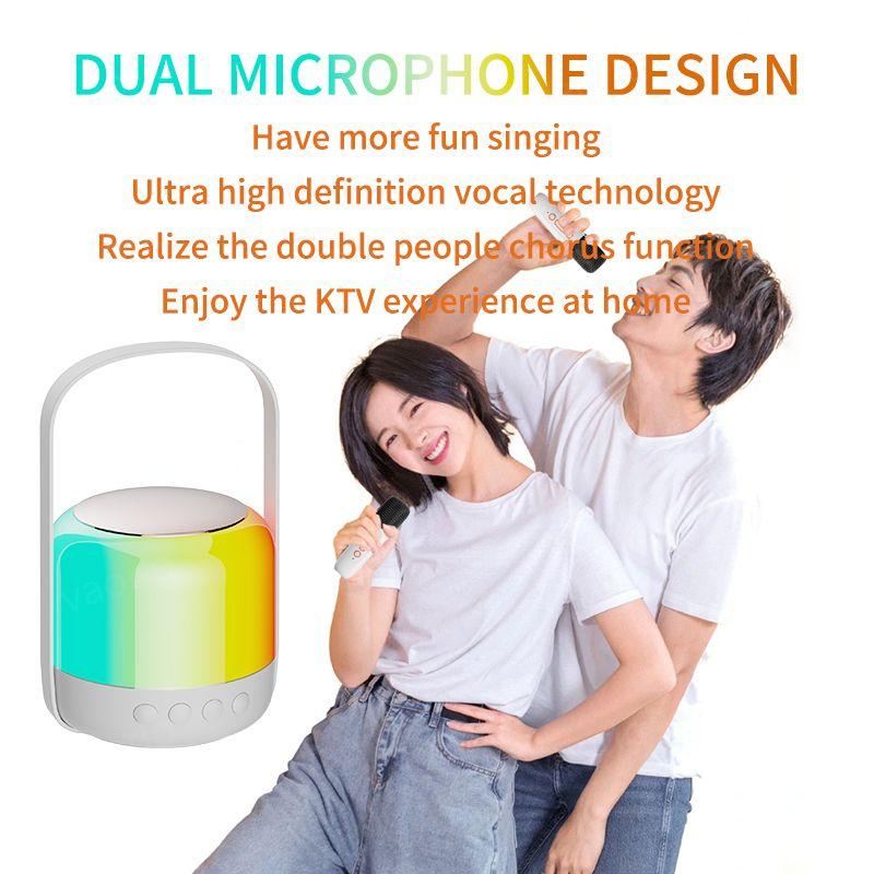 Portable Wireless Dual Microphone Karaoke Machine Bluetooth PA Speaker KTV DSP System HIFI Stereo Sound RGB Colorful LED Lights