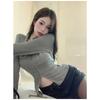 Women T-shirt Spring Autumn Clothes Ribbed Knitted Long Sleeve Short Tops Zipper Design Tee Sexy Female Slim Tops