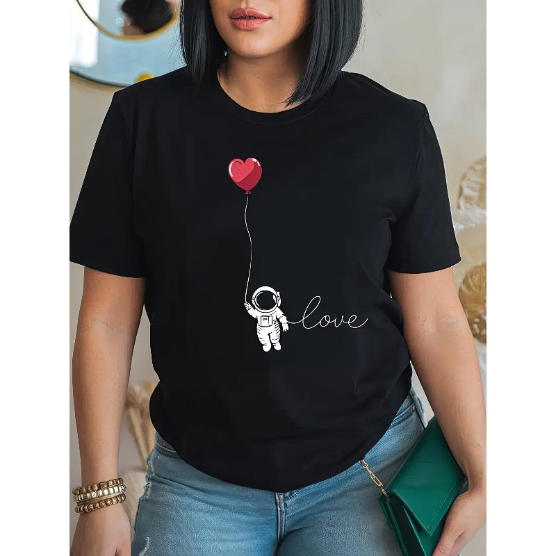 Women s Astronaut Heart Balloon Print T-Shirt Casual Crew Neck Short Sleeve Summer Top S чёрный