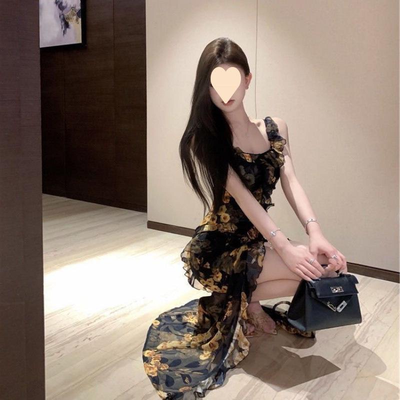 Coffee Break French Floral Suspender Dress Children's Summer Royal Sister Slim Hip Wrap