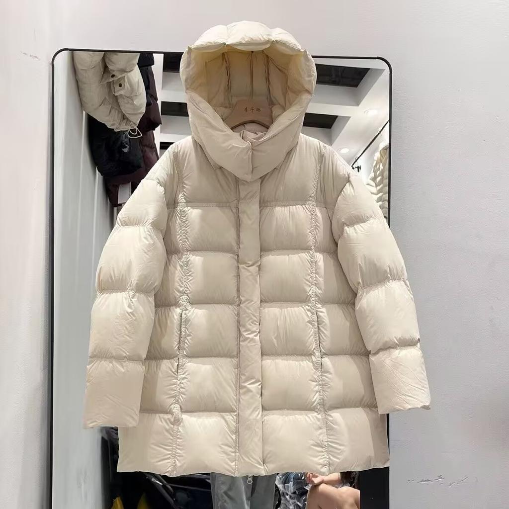 White duck down winter new medium and long puff down jacket women's tide hooded loose thickened small coat