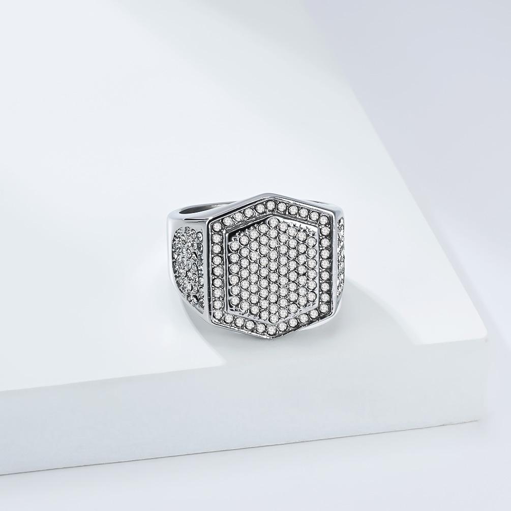 Hiphop Shinny Zircon Hexagon Shaped Ringn for Men Stainless Steel Ring Gold Plated Jewelry