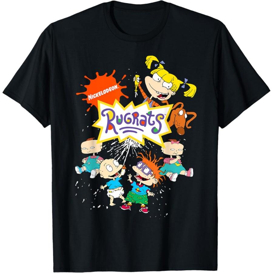 Nickelodeon Rugrats Logo With Nick Logo And 90s Cast T-Shirt - Unisex Adult - Black - Small - Short Sleeve - Cotton 60% Polyester 40% S