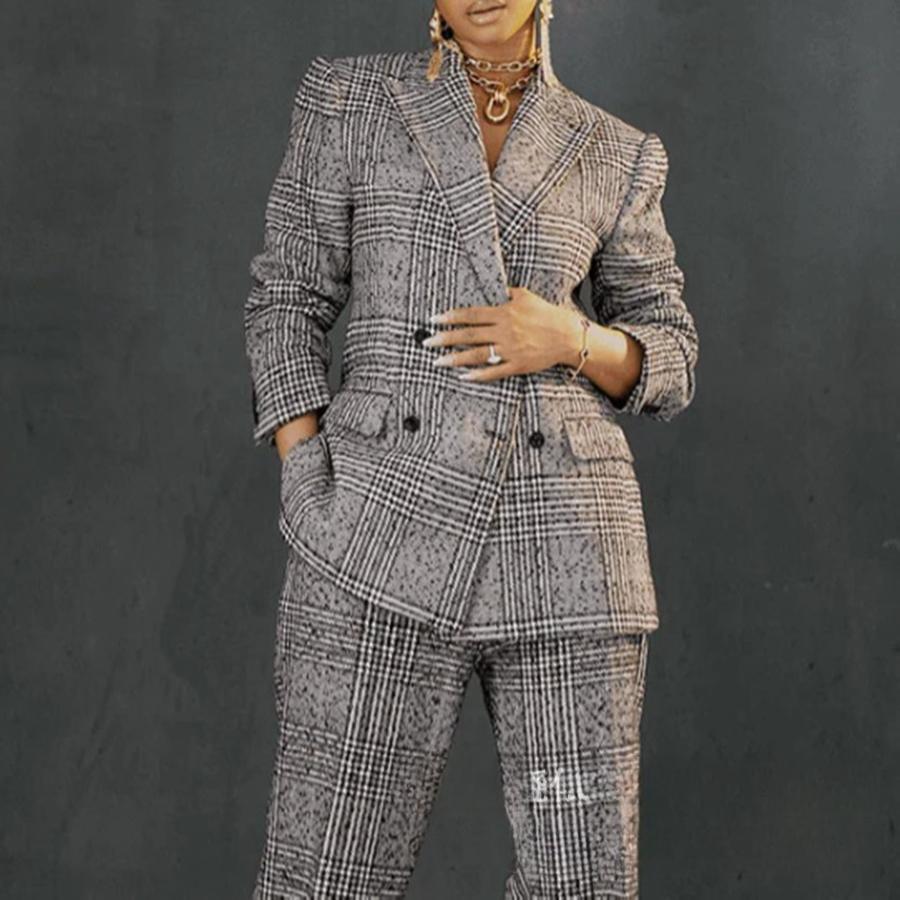 Women's Grid Coat Suit New Style Loose Fit Long Pants Set Outfit