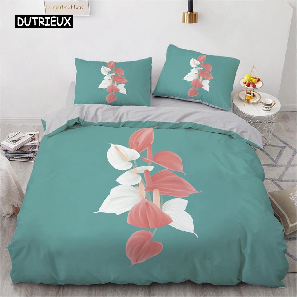 Plant Duvet Cover Set King Size Navy Blue Pink Leaf Plant Printed Chic Bedding Set Soft for All Seasons Polyester Quilt Cover