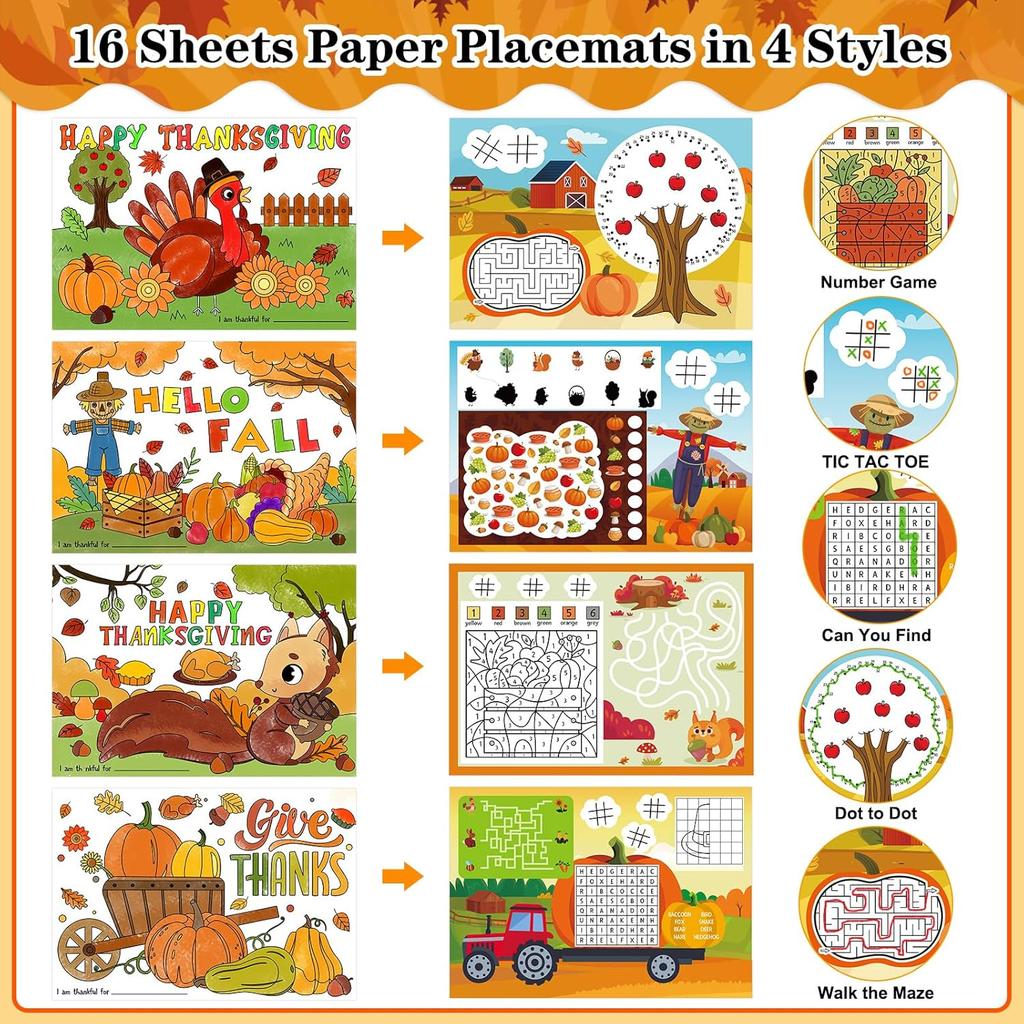 PETCEE Thanksgiving Coloring Placemats - 16PCS 14''x10'' Double-Sided Kids Placemats for Colorful Craft Activity & Party Decorations