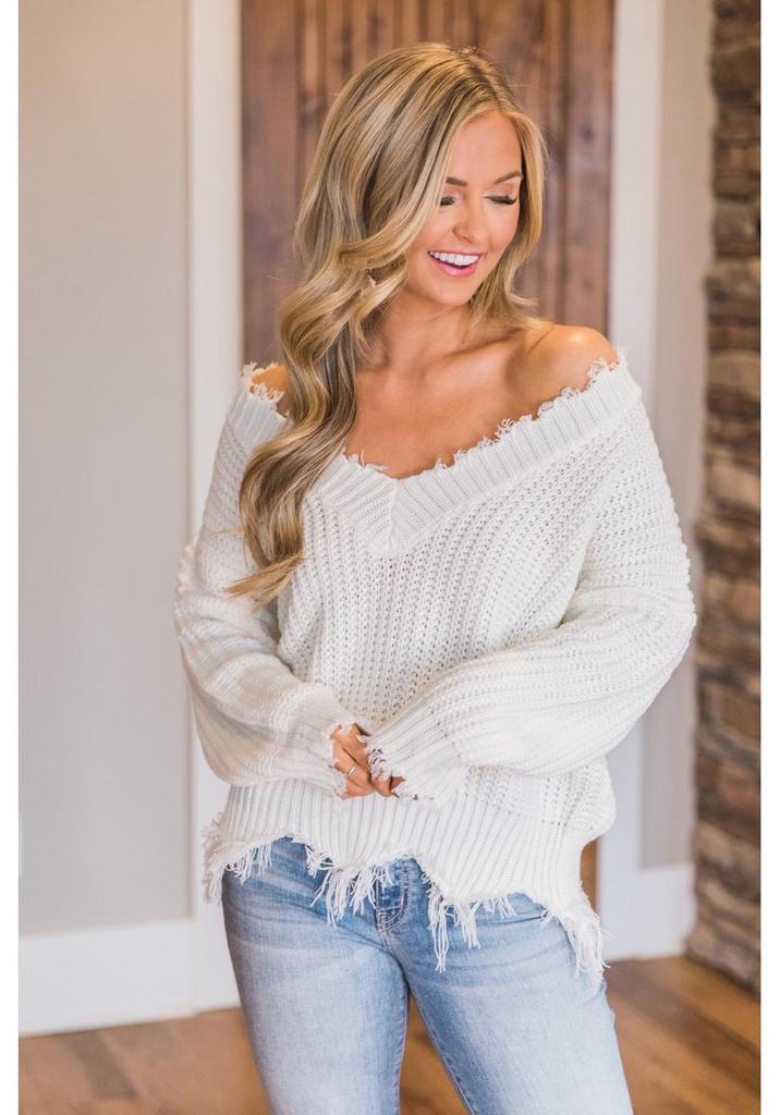 2022 Off-Shoulder Loose Knit Sweater with Deep V-Neck and Tassel Details
