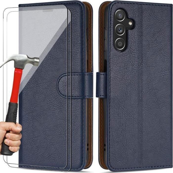 Set of 2 Tempered Glasses + Case for Samsung A14 4G/5G - BOOLING - Full Coverage Anti-Scratch Leather Effect Navy Blue