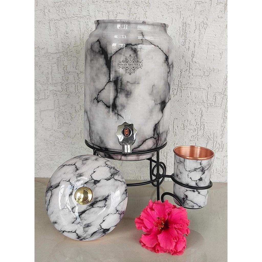 Čistá měď Černobílý mramorový potisk Nádoba na vodu Silný plech s mosazným kohoutkem a měděnou sklenicí a stojanem, Skladování a servírování vody, Objem- 5 litrů