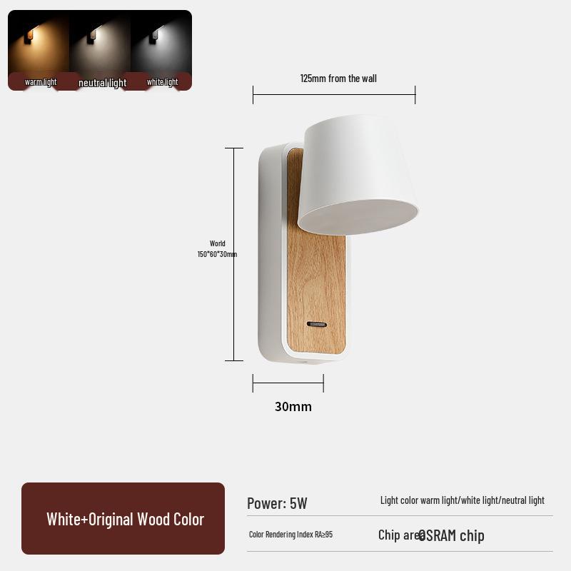 Rotatable LED Bedside Wall Light with Switch for Hotel, Guest Room, or Bedroom Reading.