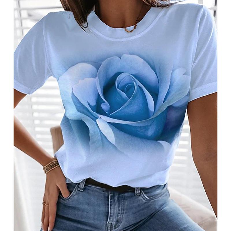 

Женская летняя футболка тренд принт розы ретро мода футболки с коротким рукавом повседневные принтованные топы 4XL синий