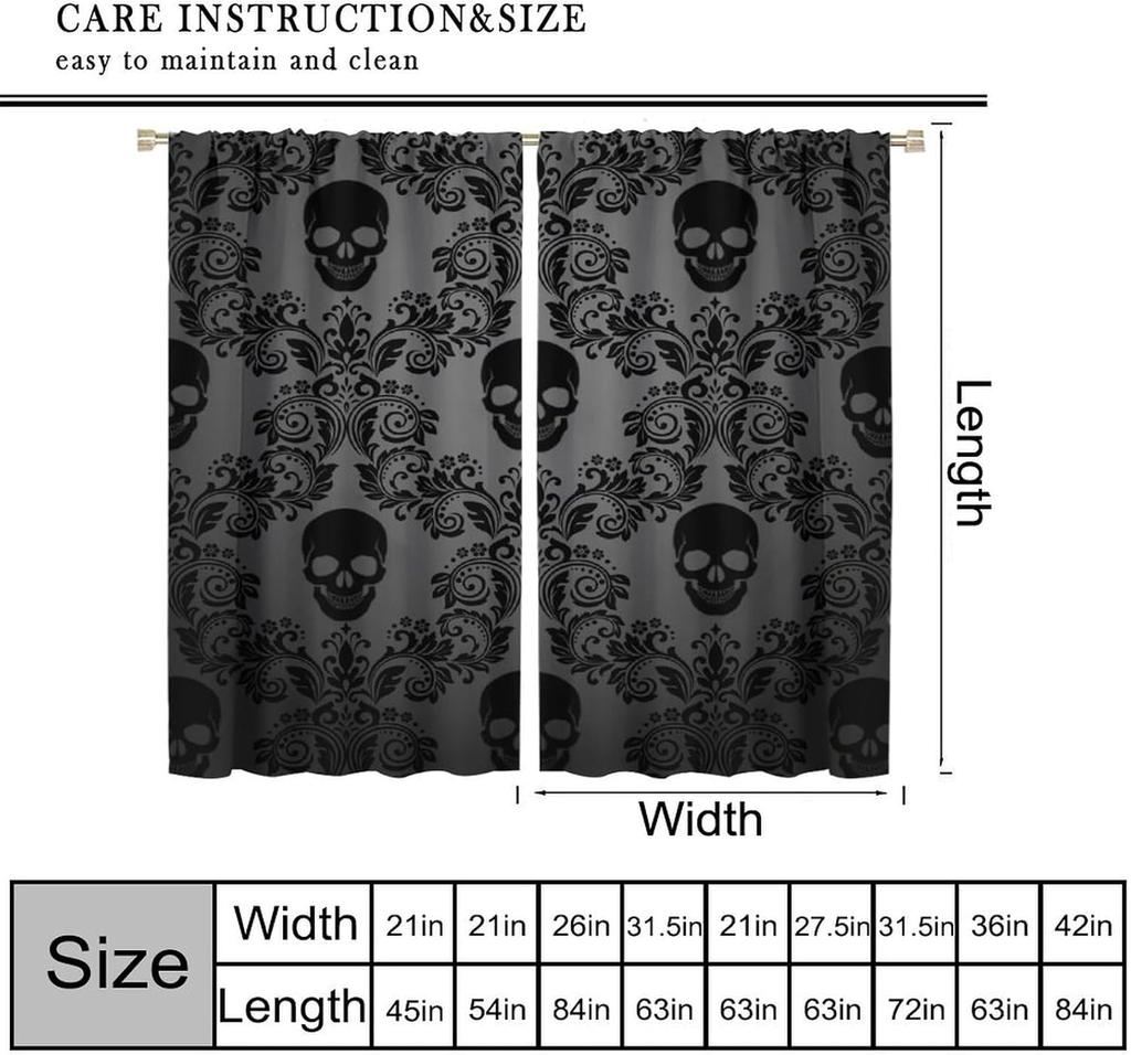 Gothic Black Damask Curtain Vintage Floral Exotic Suger Skull Window Treatments Bedroom Bone Skeleton Antique Bohemian Polyester Washable Ready