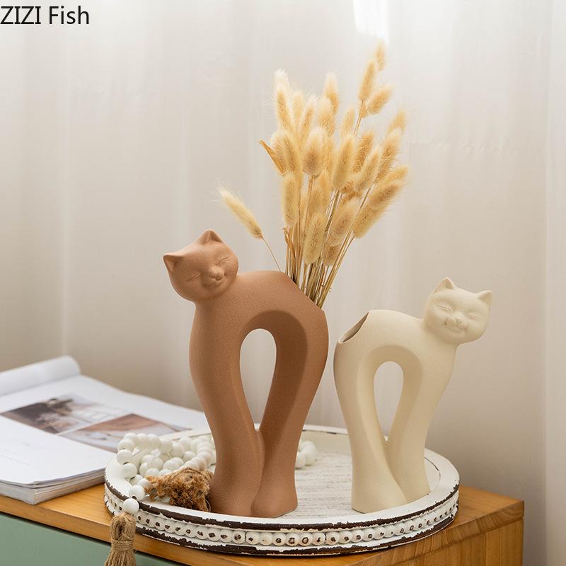 Křivá kočka Keramická váza Květináče Stolní dekorace Aranžování květin Roztomilé kotě Květinové vázy Estetická dekorace místnosti