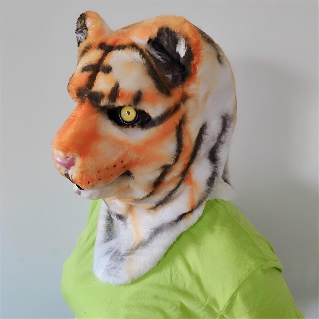 Velvet tiger head mask with a long, movable mouth.