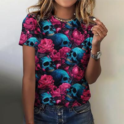 Sommerblumen-Schädel 3D-Druck T-Shirt Damen Streetwear Lässige Mode Y2k Kurzarm T-Shirt Rundhals Oversize T-Shirts Oberteile Kleidung
