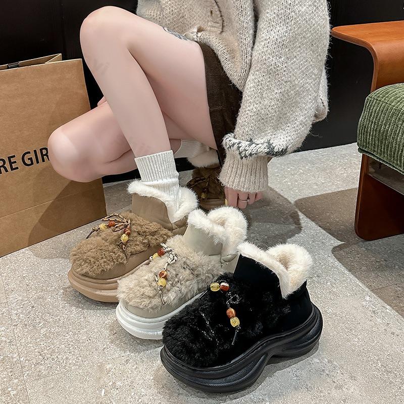 Modische Warme Haarige Dicksohlige Low Top Baumwollstiefel für Damen Winter   Vielseitige Plüschige Weiche Bequeme Klobige Schneestiefel