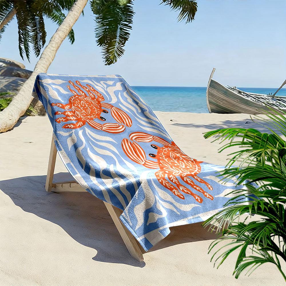 Playful crabs dancing waves Print beach towel, quick drying, suitable for travel, outdoor sports, jogging, the beach and swimming, gift