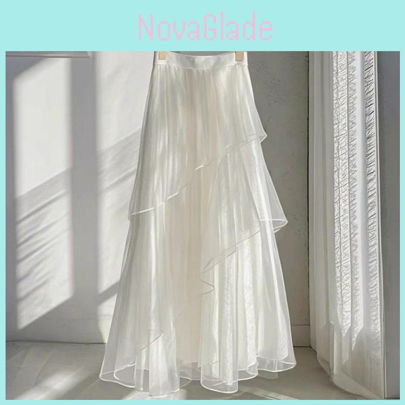 French Style White Mesh Midi Skirt With Abstract Pattern For Elegant Spring Wear