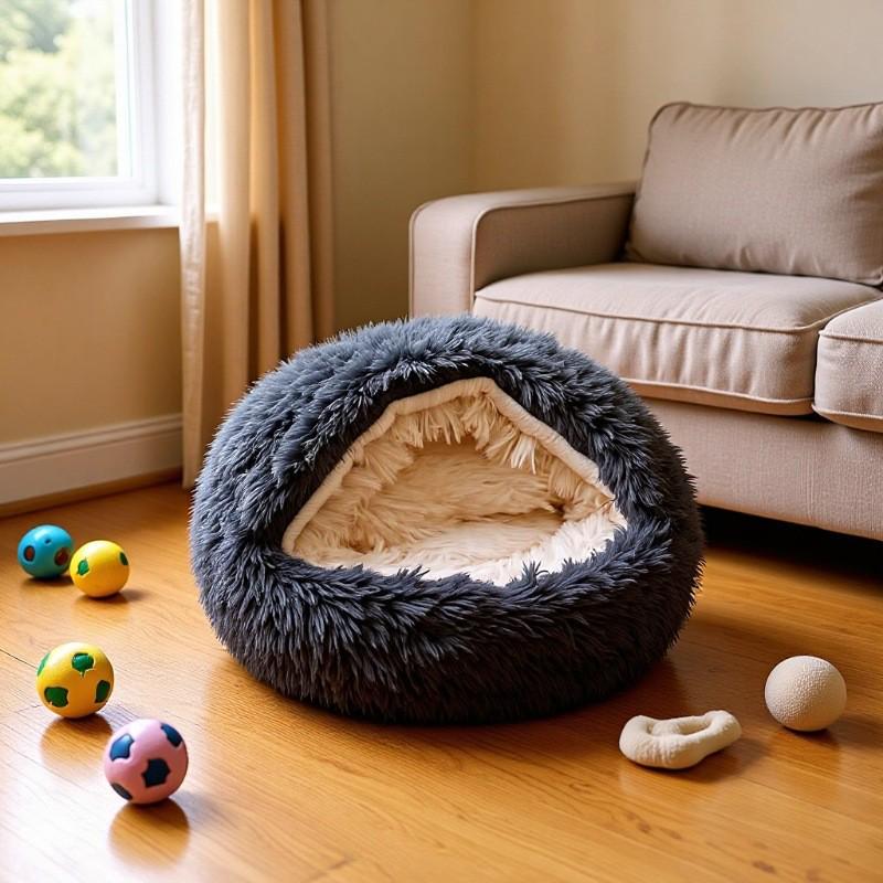 Zimowe Ciepłe Półzamknięte Pluszowe Legowisko dla Kota i Psa