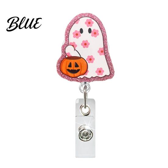 Witch ID Holder Retractable Badge Holder Halloween Glitter Acrylic Reel Cute Ghost Decorative Reel Pumpkin Card for Nurse Doctor Teacher Worker