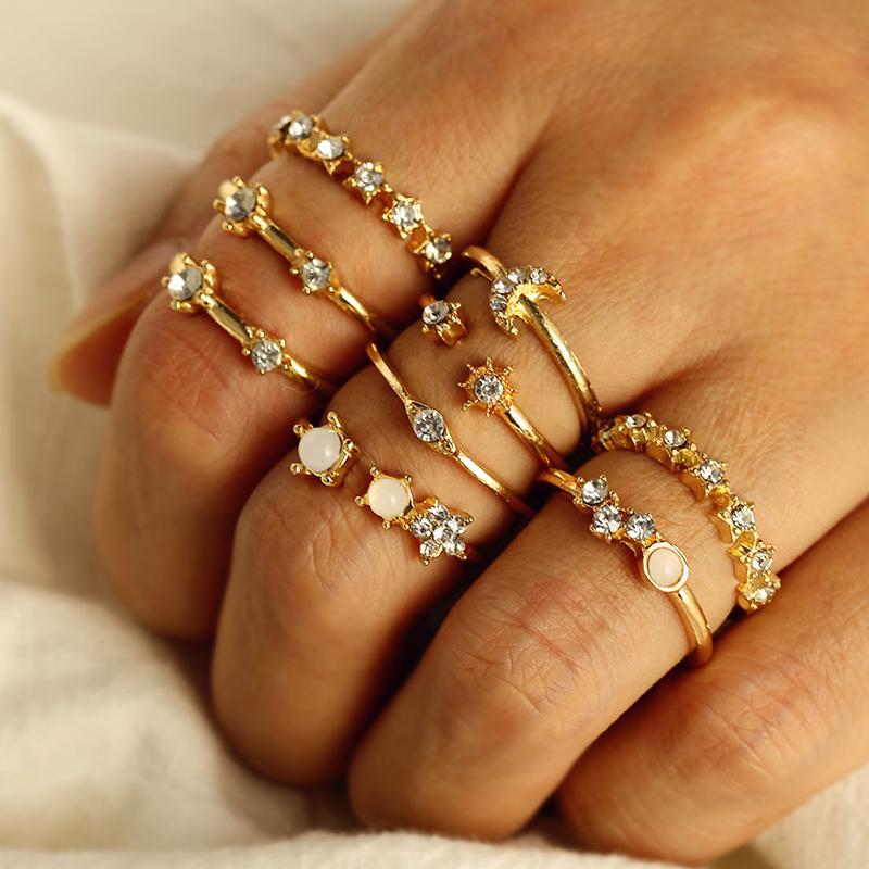 9Pcs Vintage Crystal Star Moon Rings Set Women Boho Finger Ring Fashion Jewelry