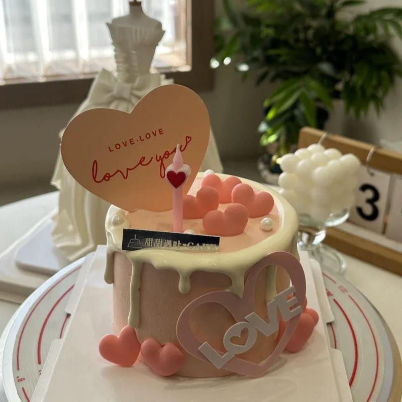 5pcs Birthday 3D Red Heart Cake Toppers Pink Heart Love Cake Decor Happy Birthday Anniversary Wedding Cupcake DIY Decoration