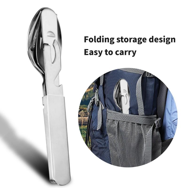 4 Pack Stainless Steel Travel Utensils Set Outdoor Cutlery Perfect for Campers Includes Spoon Fork Cutter Bottle Opener