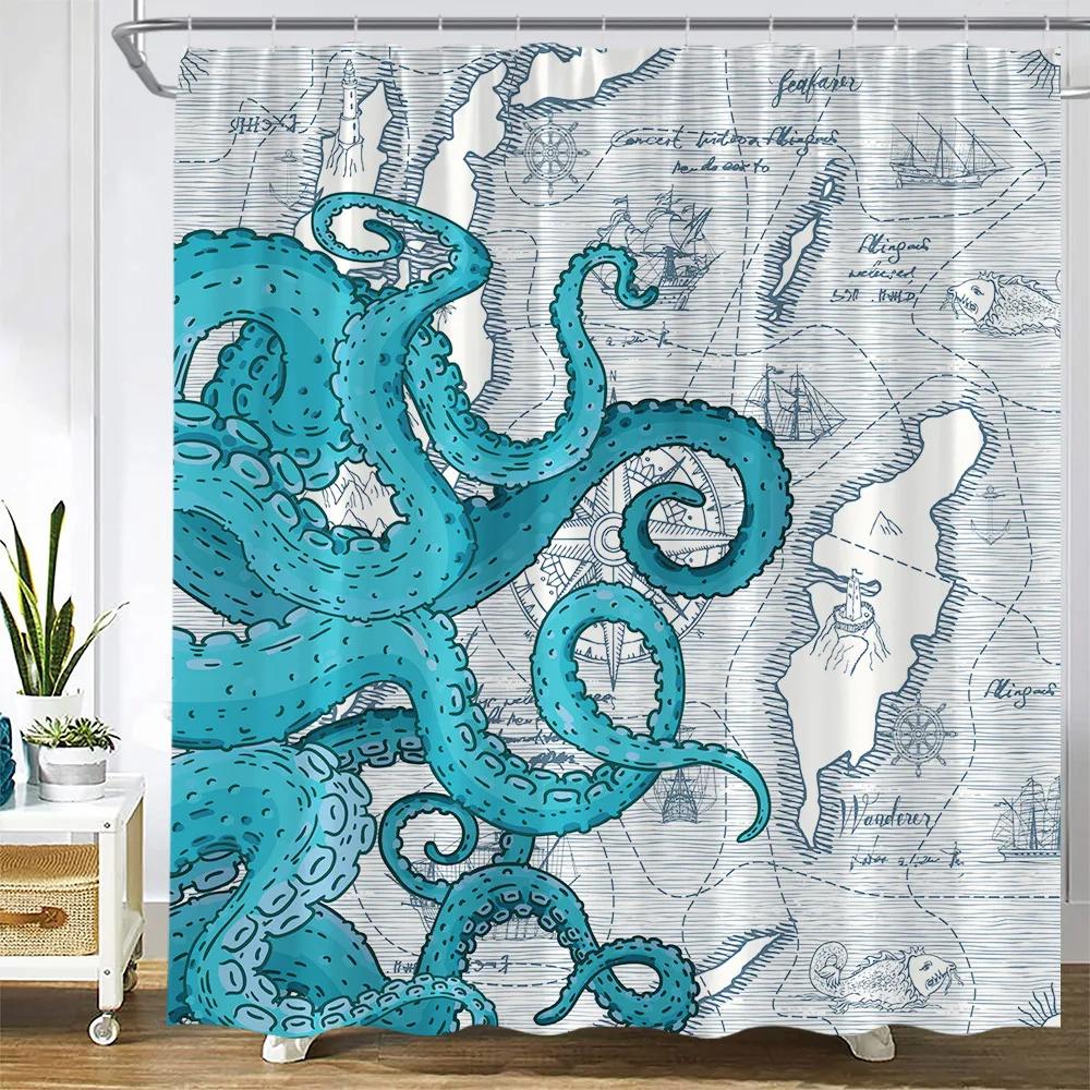 Octopus Sea Turtle Shower Curtain Watercolor Animal Dolphin Tropical Fish Coral Underwater Landscape Curtains Bathroom Decor Set