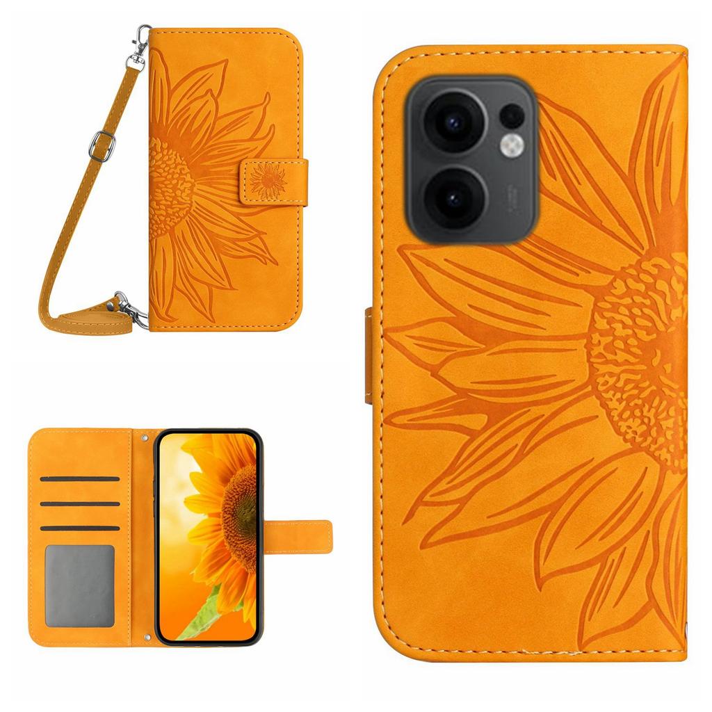 For Oppo Reno13 F 4G/5G Case Sunflower Imprint PU Leather Phone Cover with Long Strap