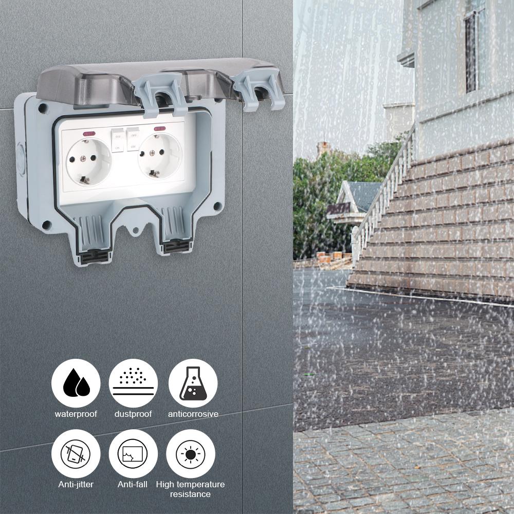 IP66 Weatherproof AC 110~240V With USB Charging 16A Power Supply Switch Socket Outdoor Wall Power Socket for Home& Garden Double EU Socket