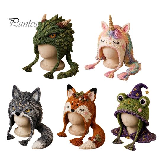 Beginner Friendly Yarn Arts Animal Hat Crochet Kit, Fantasy Hood DIY Cute Craft Gifts for Adults Unicorn Fox Frog Earflap Crafting Kit Teens Halloween