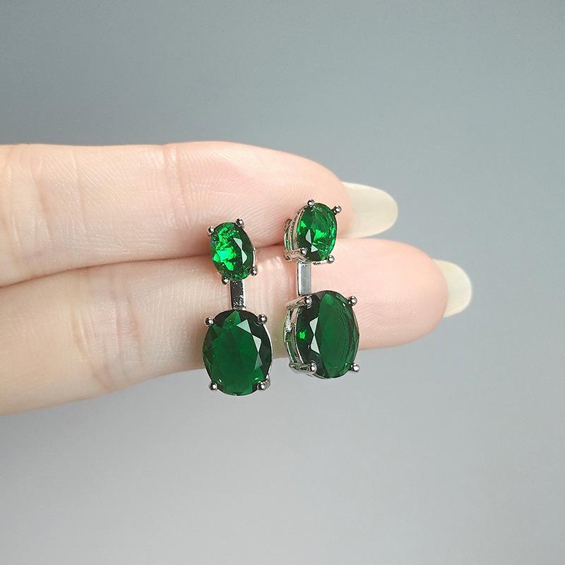 Rear Hanging Double Blue Stone Oval Diamond Suspension Earrings, Simple Colored Treasure Gift, Two Earrings.